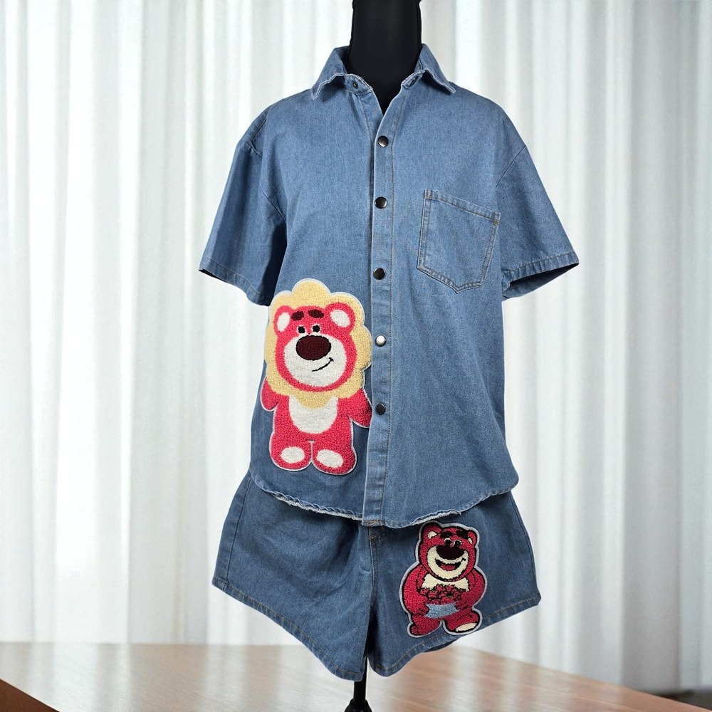 Denim Lotso Bear Outfit Two-Piece Set Woman Small Shirt and Shorts Cartoon Korea